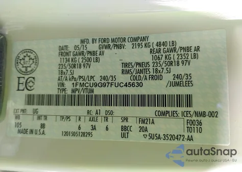 2015 Ford Escape Se z USA, uszkodzony, nr VIN 1FMCU9G97FUC45630